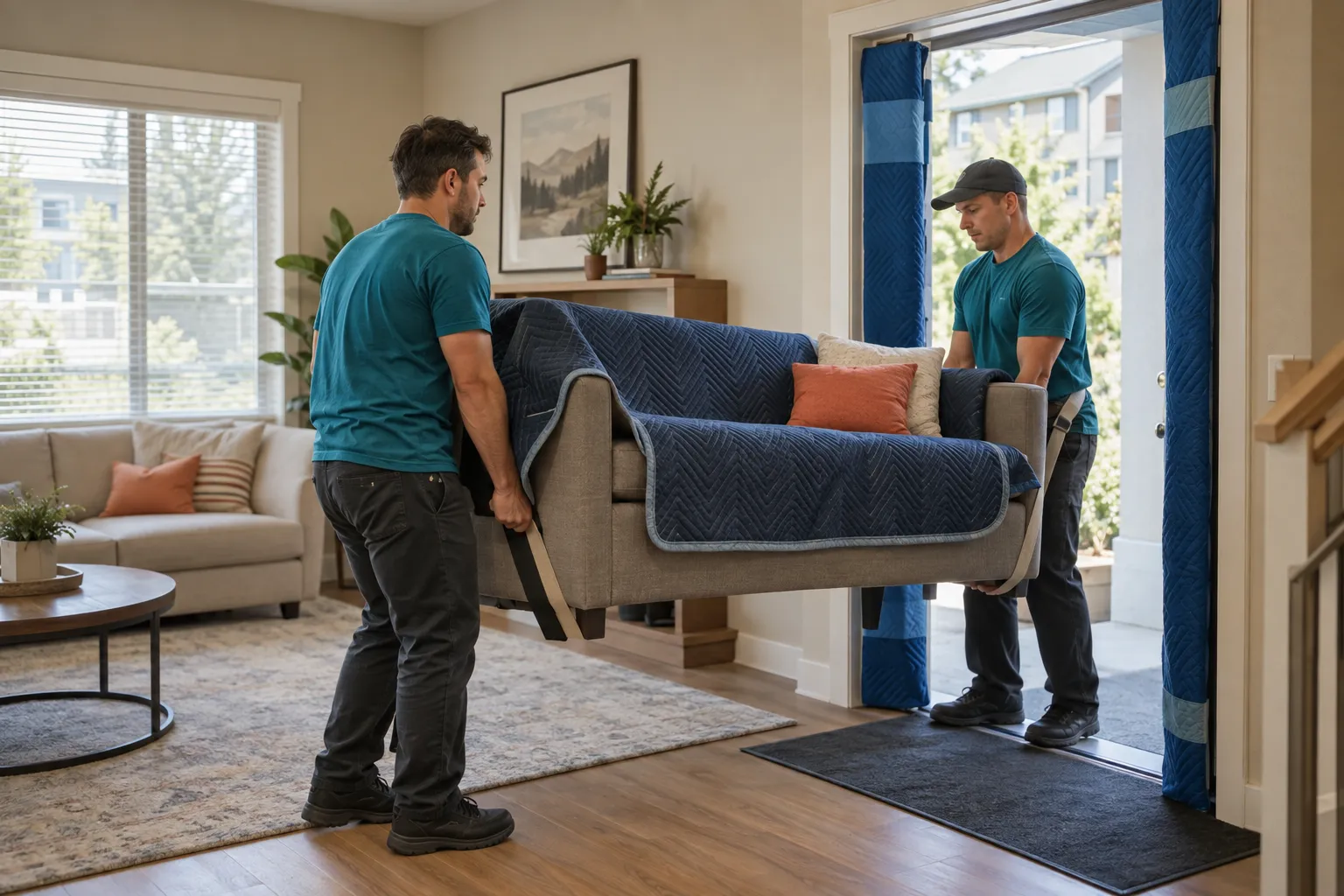 Workers moving a protected sofa through a residential doorway