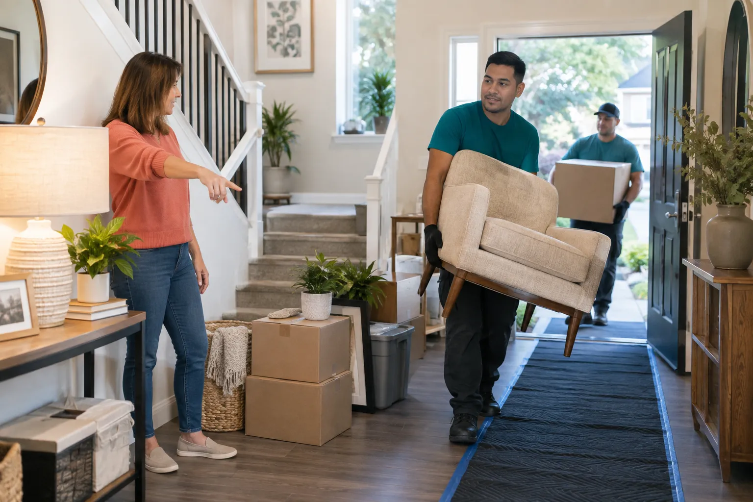 Workers carrying household items through a protected home entry