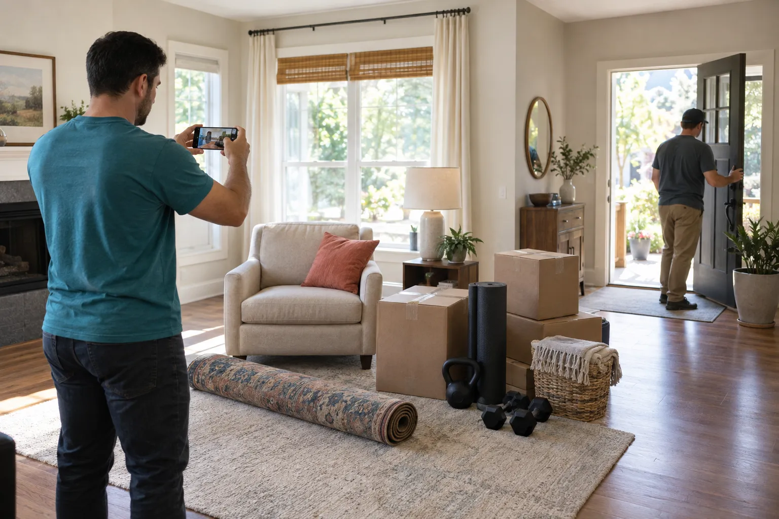 A worker photographing an organized moving-junk inventory